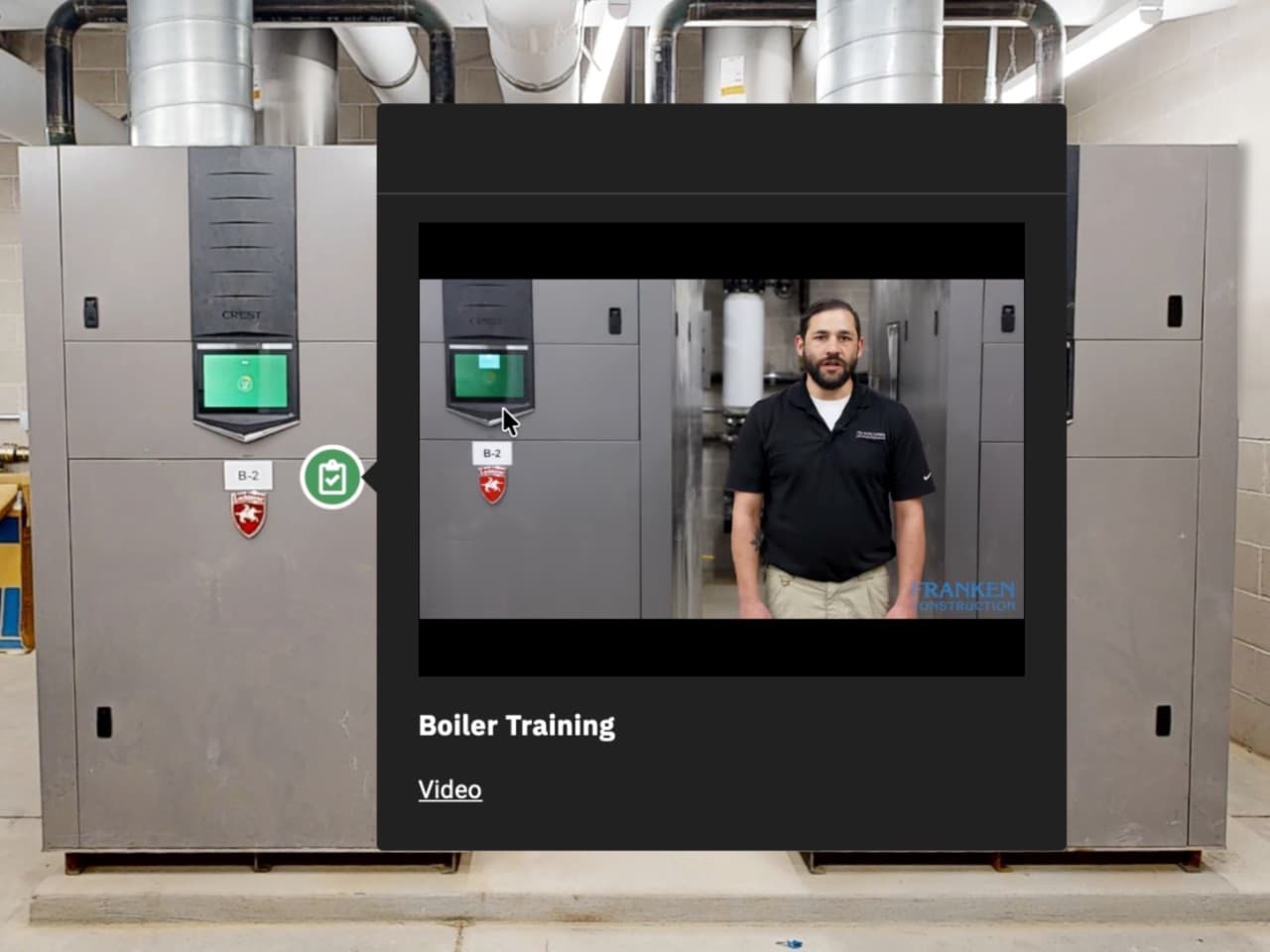 Tags in the CNM Skilled Trades Matterport scan, labelled Main Entrance, Carpentry Lab, Indoor-Outdoor Glass Partition and Electrical Systems Operations Yard, then boiler B-2's tag playing its training video, shot at the same boiler